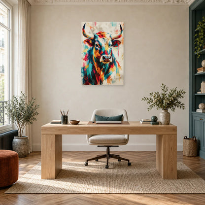 Tableau tête de taureau – Cornes multicolores dans un bureau - Art Virtuoso