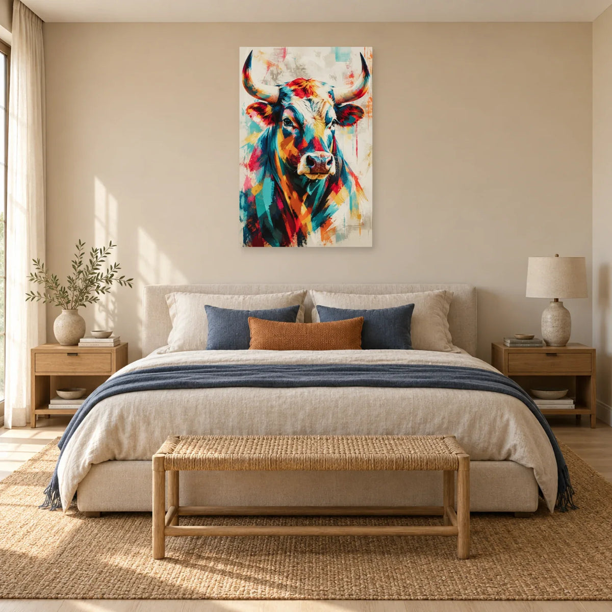 Tableau tête de taureau – Cornes multicolores dans une chambre - Art Virtuoso