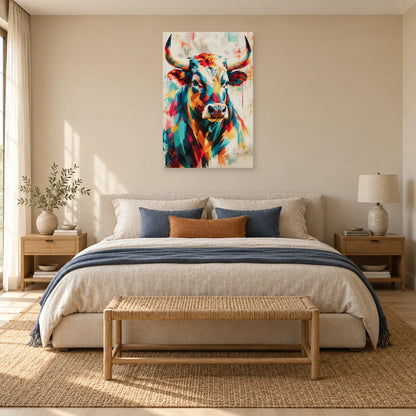 Tableau tête de taureau – Cornes multicolores dans une chambre - Art Virtuoso