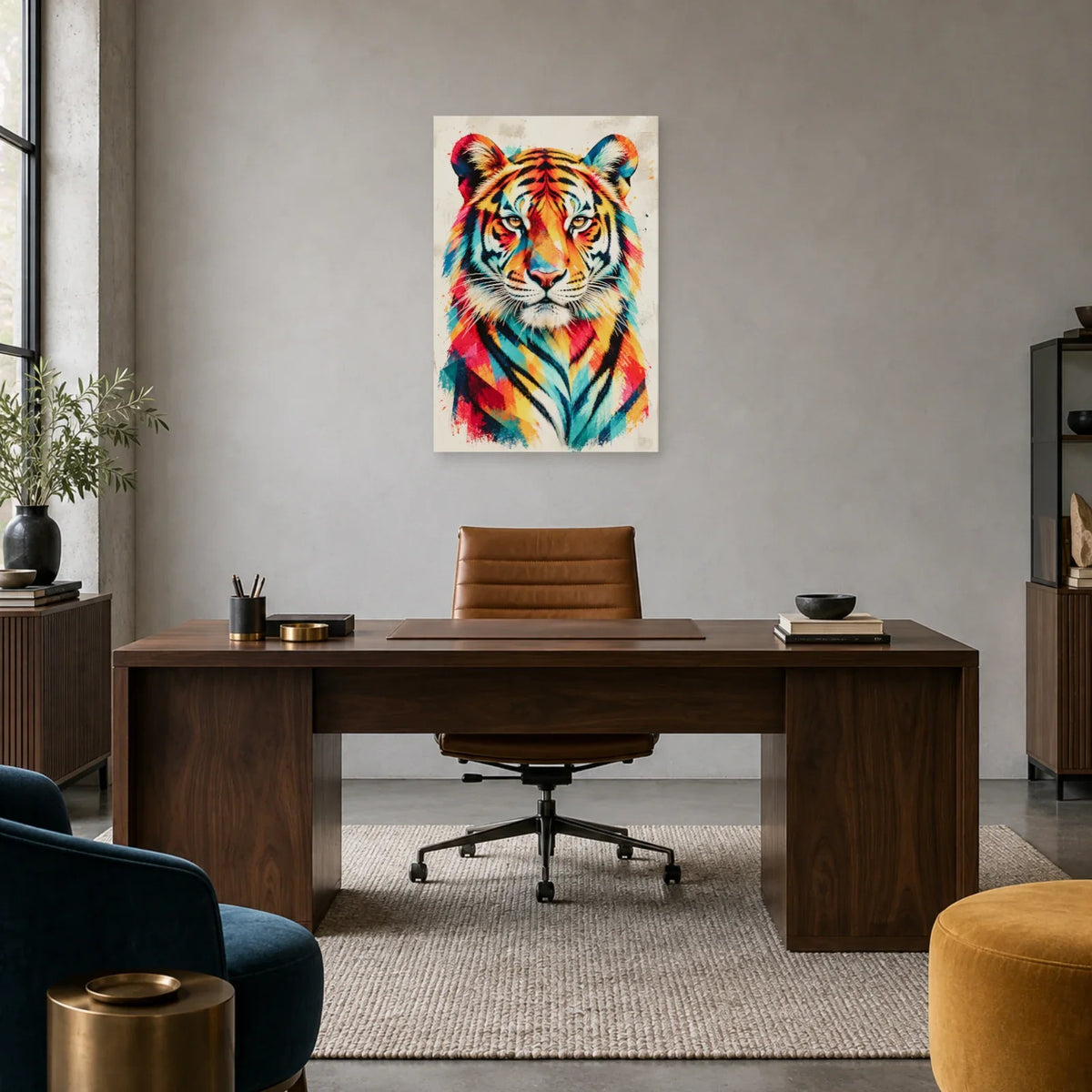 Tableau tête de tigre aux rayures multicolores dans un bureau - Art Virtuoso