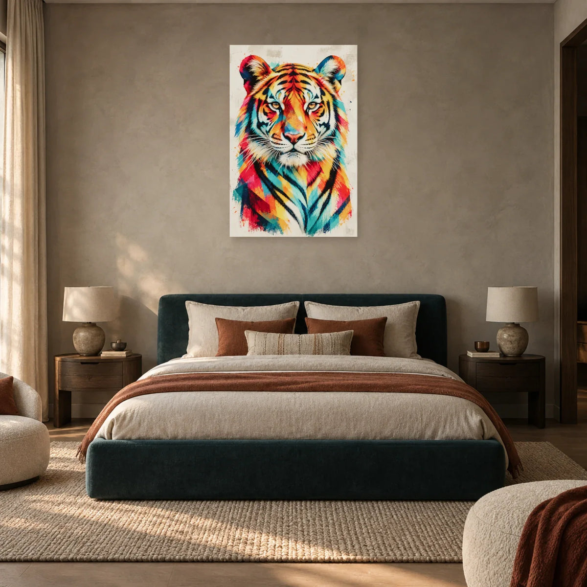 Tableau tête de tigre aux rayures multicolores dans une chambre - Art Virtuoso