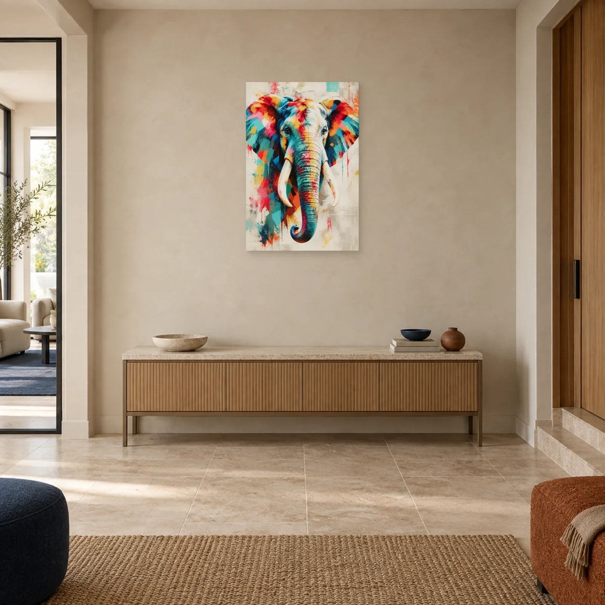 Tableau tête d’éléphant multicolore – Force tranquille dans une entrée ou un couloir - Art Virtuoso