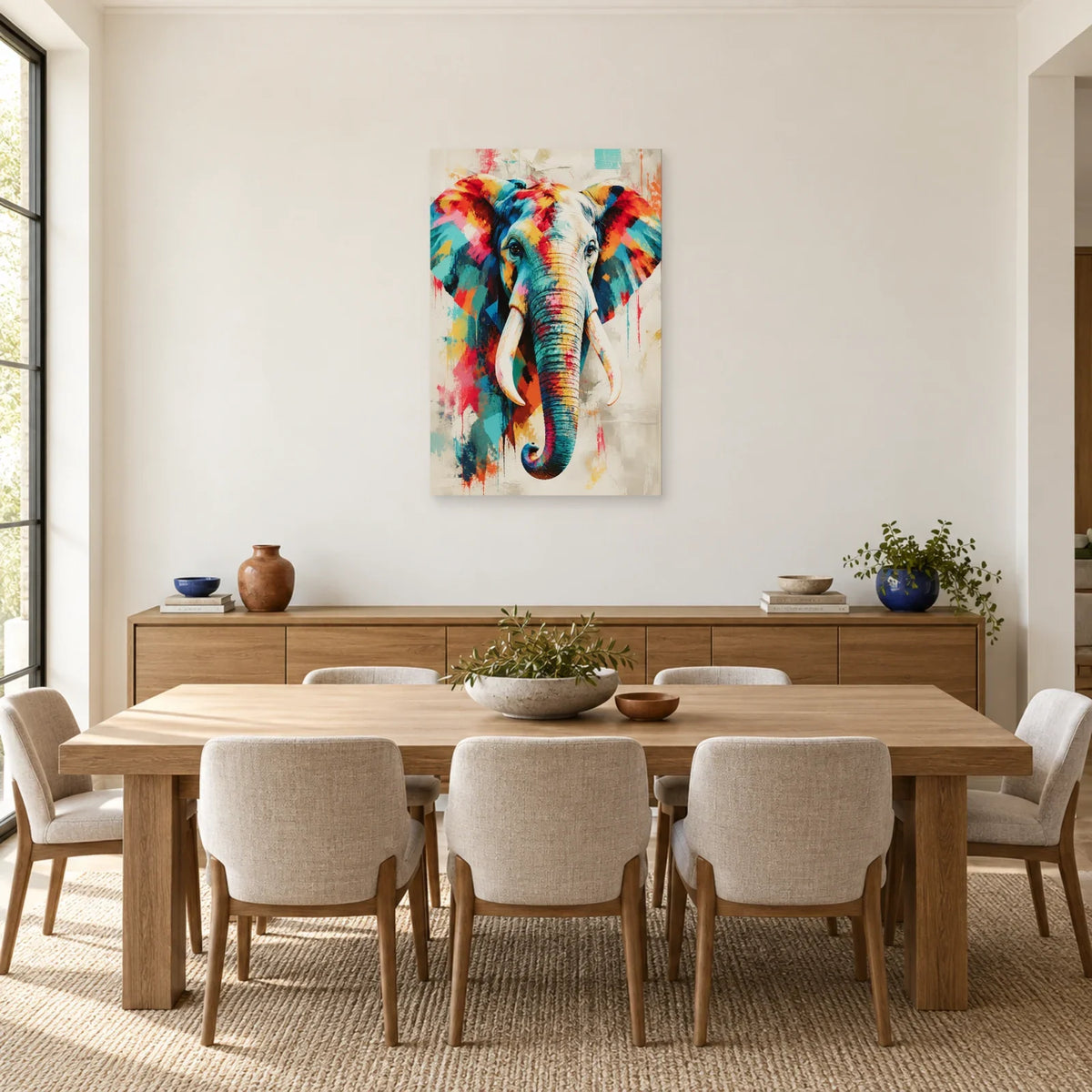 Tableau tête d’éléphant multicolore – Force tranquille dans une salle à manger - Art Virtuoso