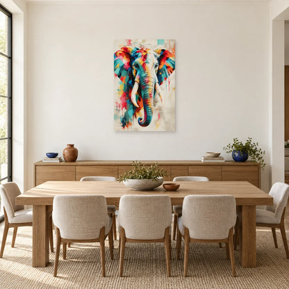 Tableau tête d’éléphant multicolore – Force tranquille dans une salle à manger - Art Virtuoso