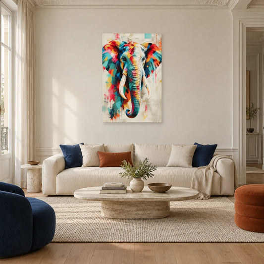Tableau tête d’éléphant multicolore – Force tranquille dans un salon - Art Virtuoso