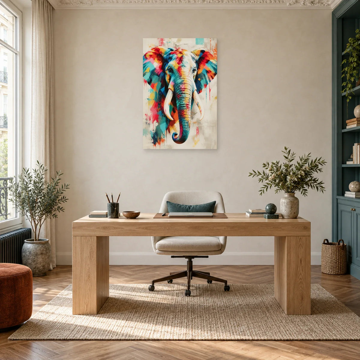 Tableau tête d’éléphant multicolore – Force tranquille dans un bureau - Art Virtuoso