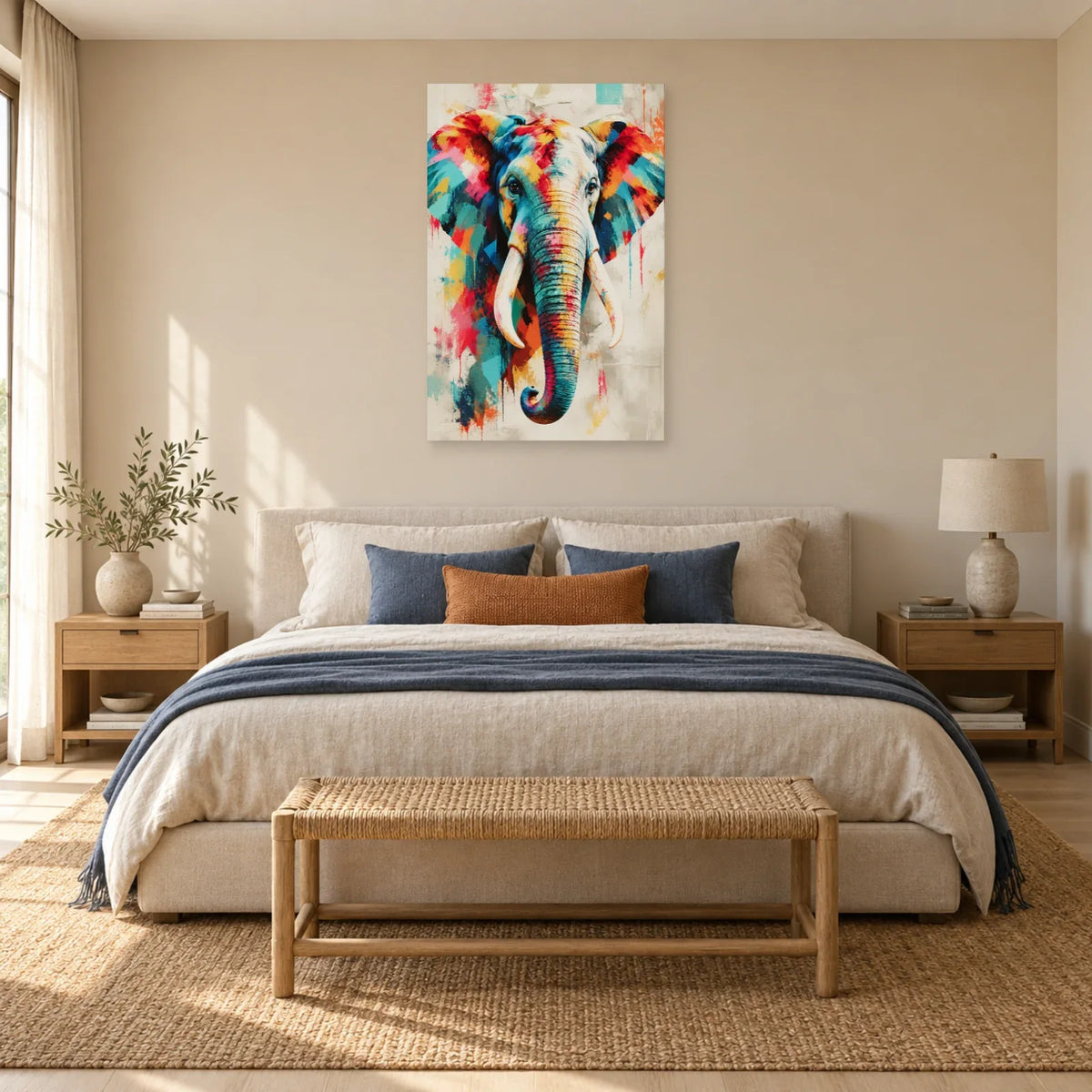 Tableau tête d’éléphant multicolore – Force tranquille dans une chambre - Art Virtuoso