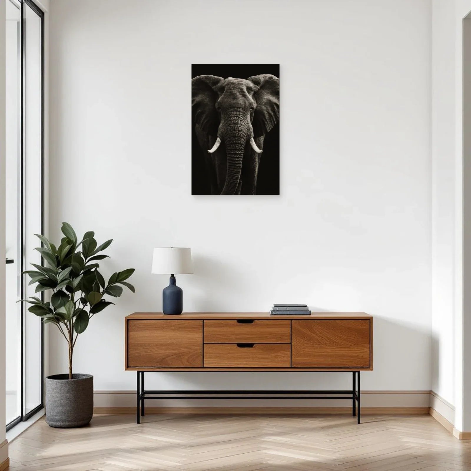 Tableau Tête Éléphant Noir et Blanc dans une entrée ou un couloir - Art Virtuoso