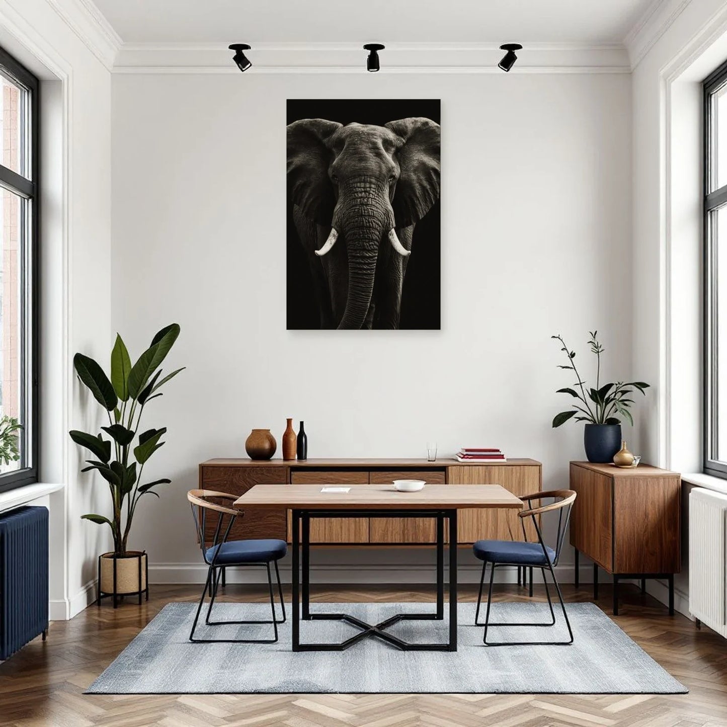 Tableau Tête Éléphant Noir et Blanc dans une salle à manger - Art Virtuoso