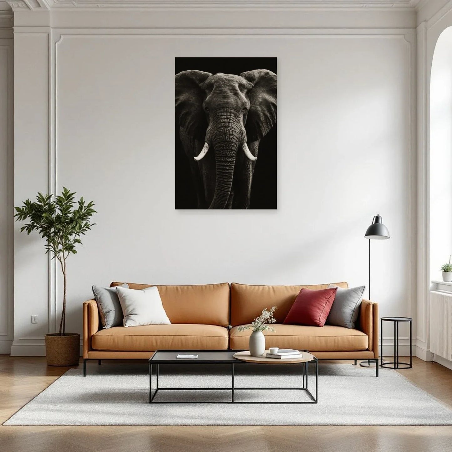 Tableau Tête Éléphant Noir et Blanc dans un salon - Art Virtuoso