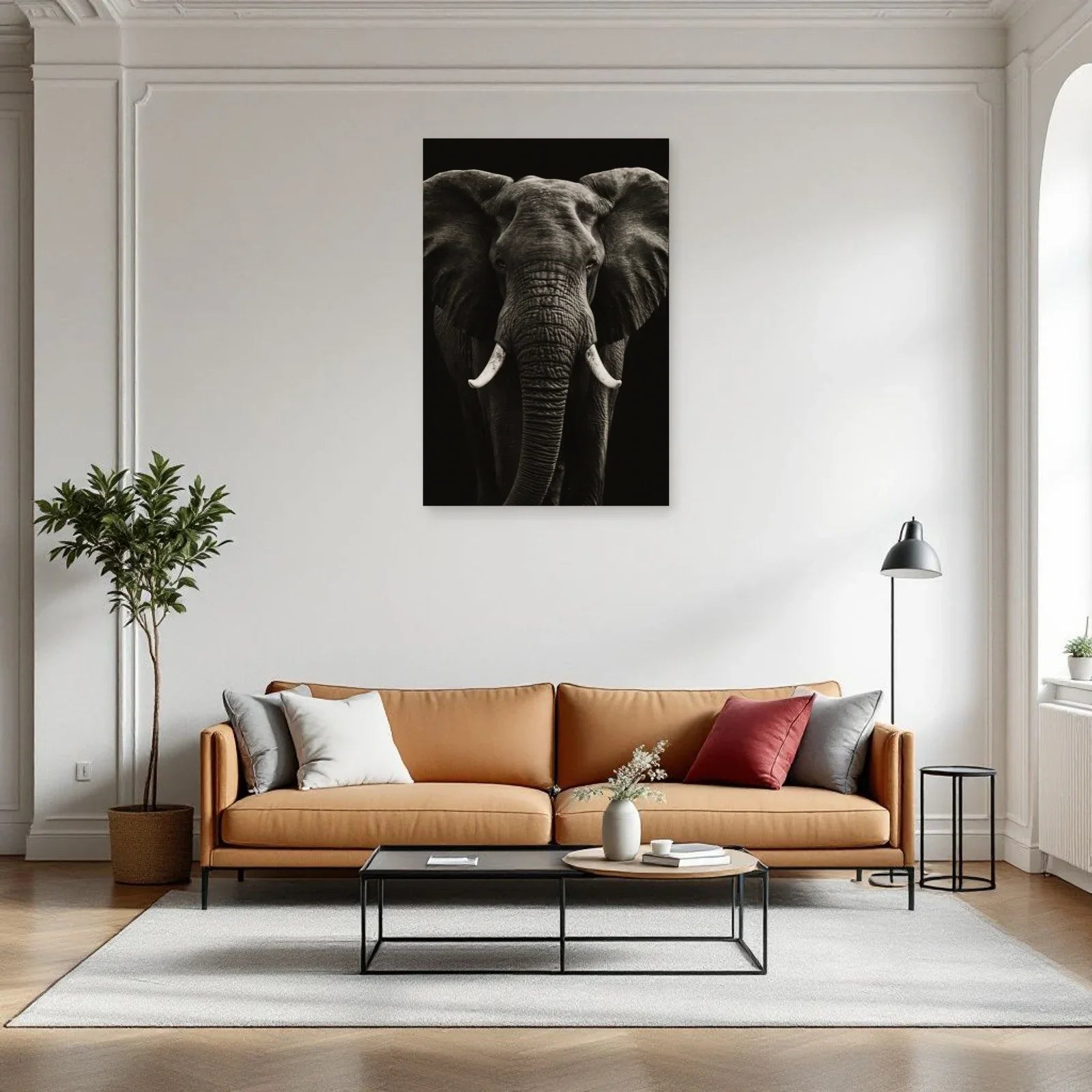 Tableau Tête Éléphant Noir et Blanc dans un salon - Art Virtuoso