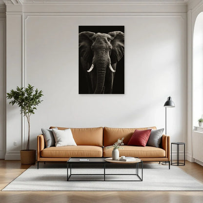 Tableau Tête Éléphant Noir et Blanc dans un salon - Art Virtuoso