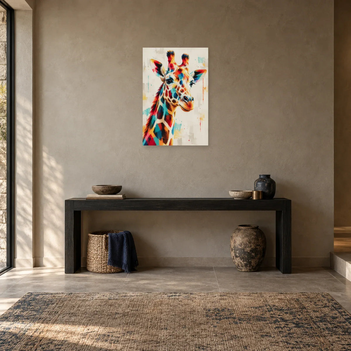 Tableau tête de girafe – Profil multicolore dans une entrée ou un couloir - Art Virtuoso