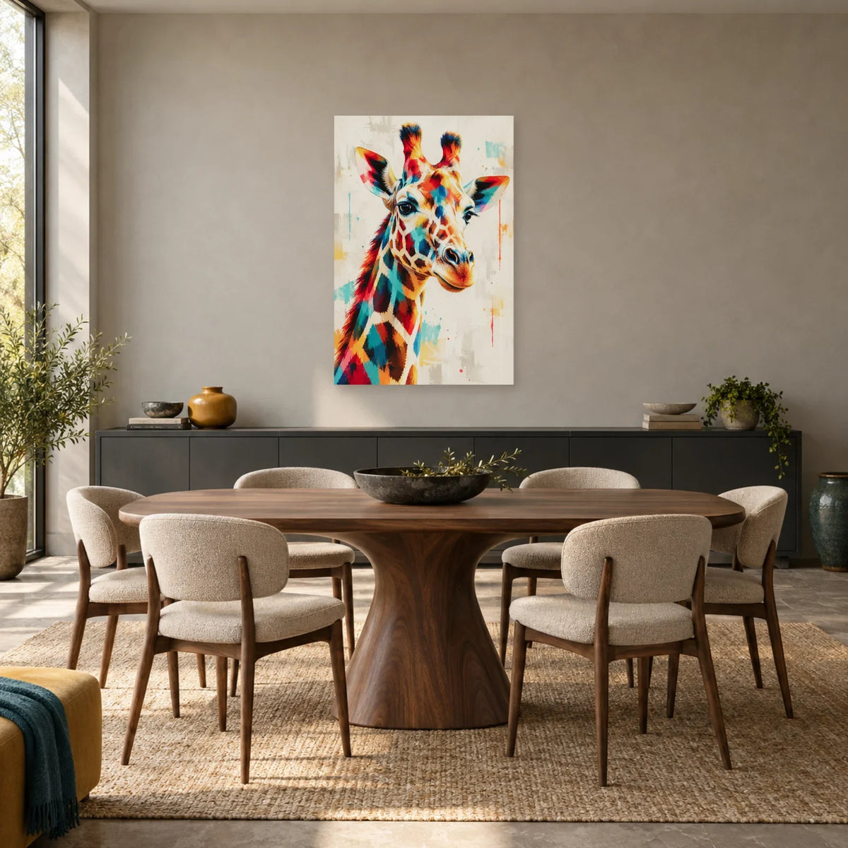 Tableau tête de girafe – Profil multicolore dans une salle à manger - Art Virtuoso