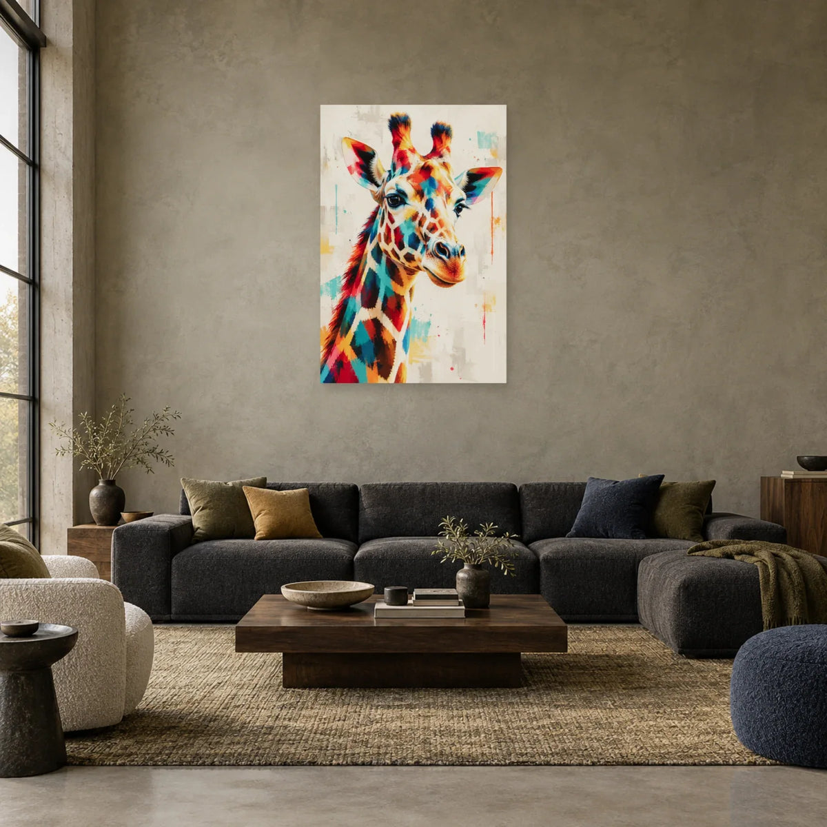 Tableau tête de girafe – Profil multicolore dans un salon - Art Virtuoso