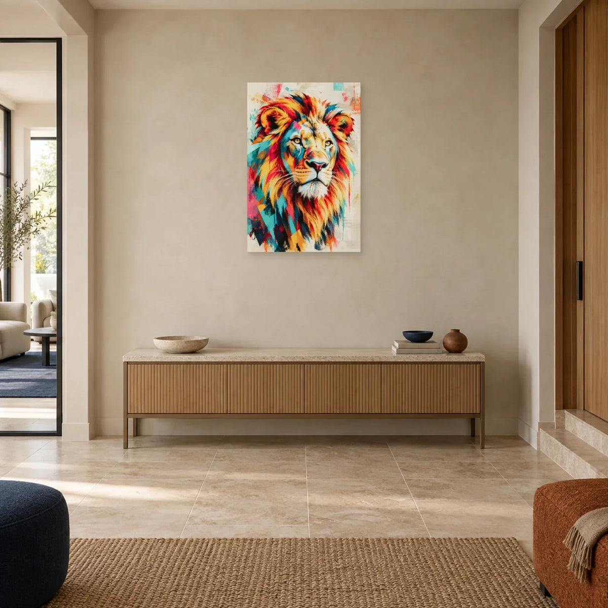 Tableau tête de lion multicolore – Crinière solaire dans une entrée ou un couloir - Art Virtuoso