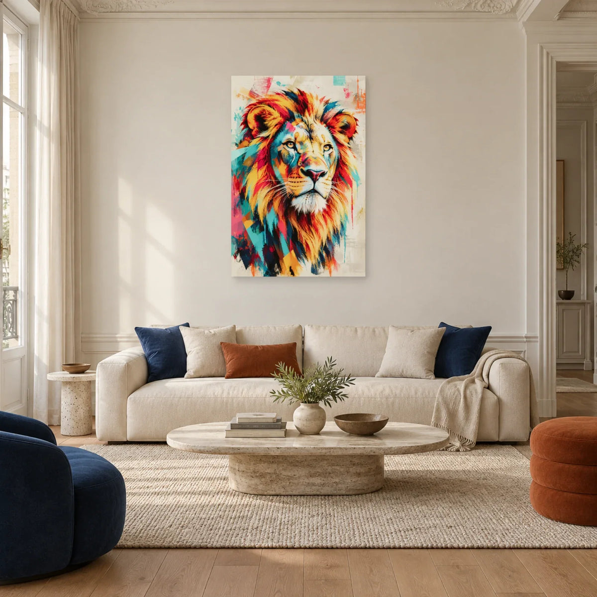 Tableau tête de lion multicolore – Crinière solaire dans un salon - Art Virtuoso