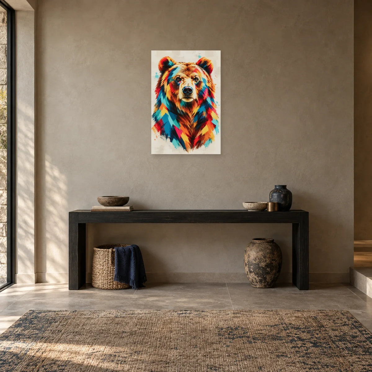 Tableau tête d’ours brun multicolore – Force calme dans une entrée ou un couloir - Art Virtuoso