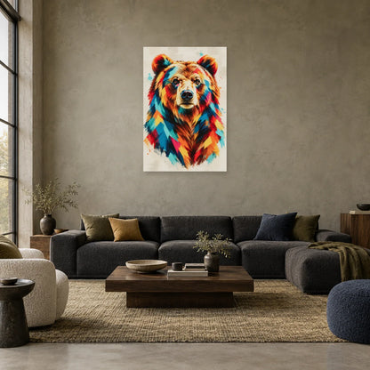 Tableau tête d’ours brun multicolore – Force calme dans un salon - Art Virtuoso