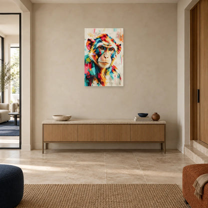 Tableau tête de singe multicolore – Regard tranquille dans une entrée ou un couloir - Art Virtuoso