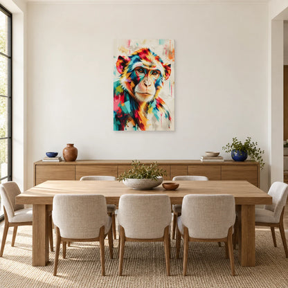 Tableau tête de singe multicolore – Regard tranquille dans une salle à manger - Art Virtuoso