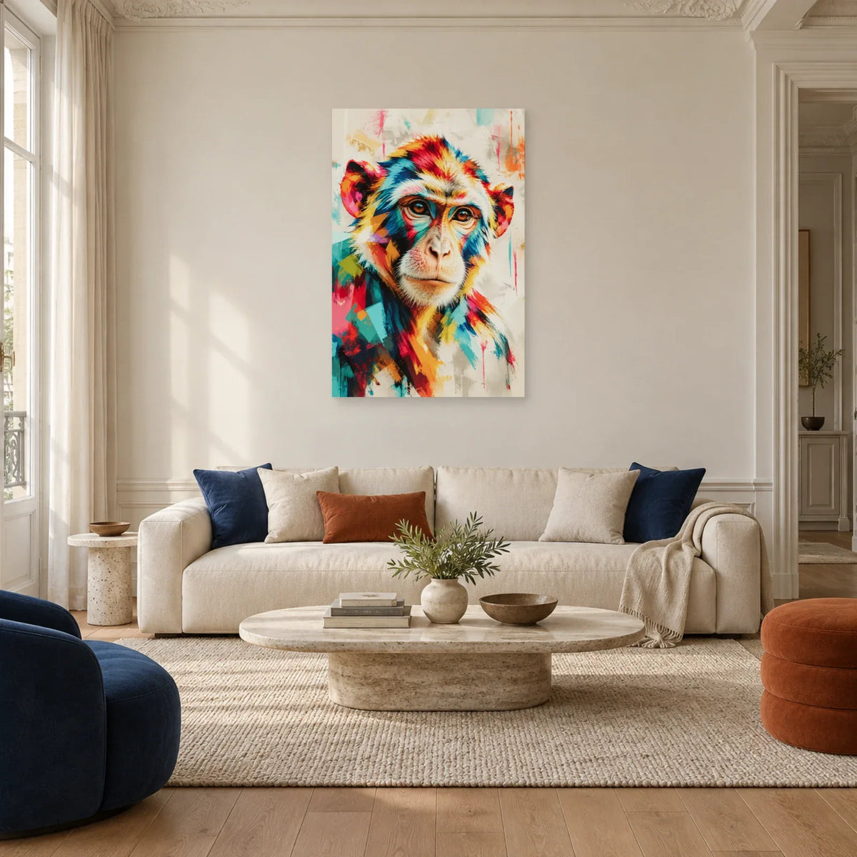 Tableau tête de singe multicolore – Regard tranquille dans un salon - Art Virtuoso