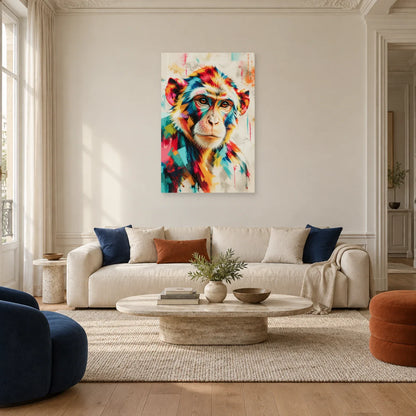 Tableau tête de singe multicolore – Regard tranquille dans un salon - Art Virtuoso