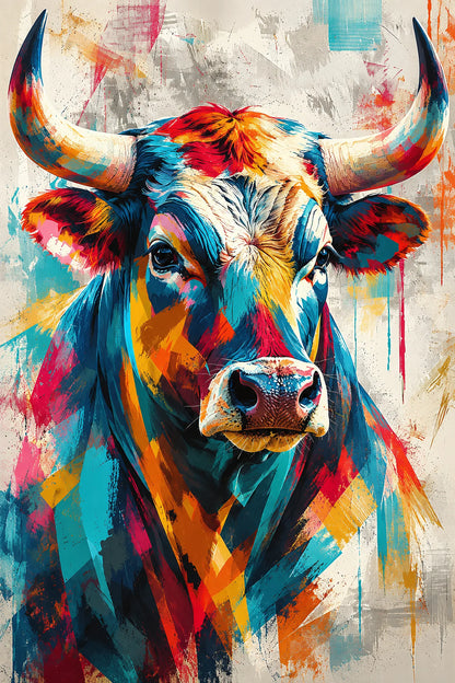 Tableau Tête Taureau Eclats Colores - impression sur toile, format M