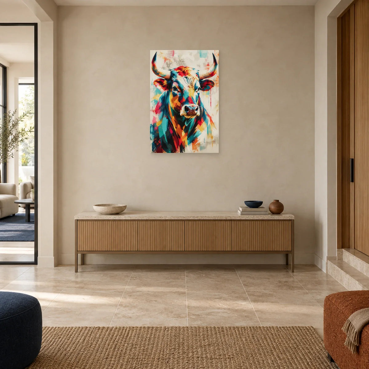 Tableau tête de taureau – Cornes multicolores dans une entrée ou un couloir - Art Virtuoso