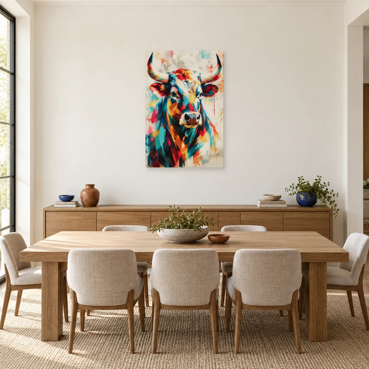 Tableau tête de taureau – Cornes multicolores dans une salle à manger - Art Virtuoso
