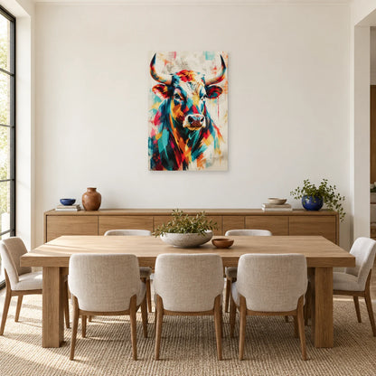 Tableau tête de taureau – Cornes multicolores dans une salle à manger - Art Virtuoso