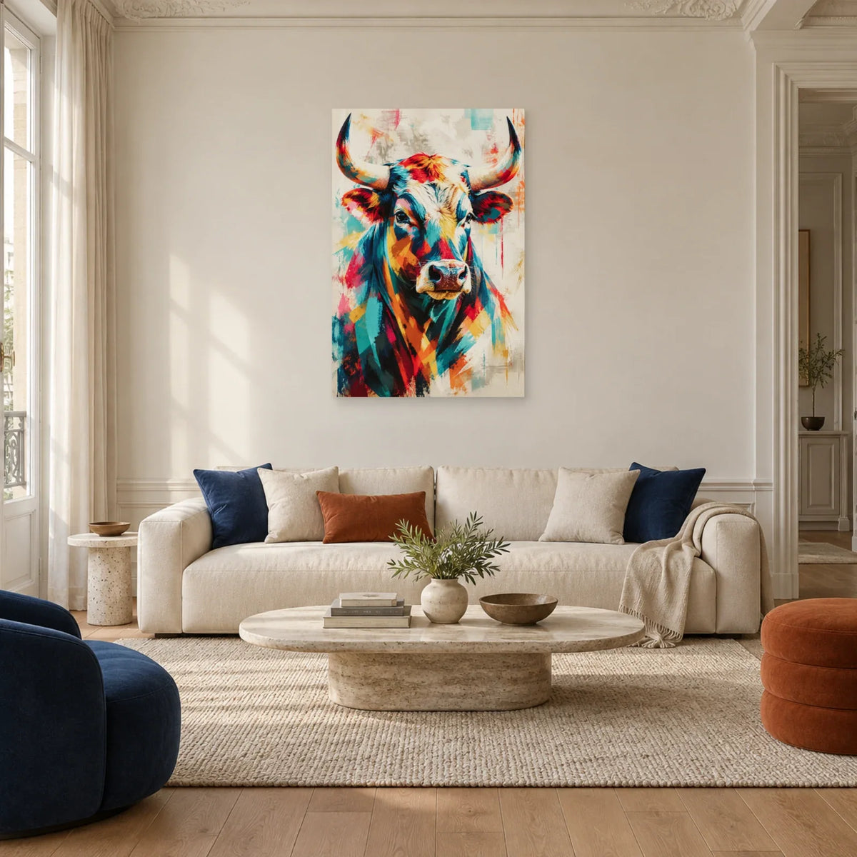 Tableau tête de taureau – Cornes multicolores dans un salon - Art Virtuoso