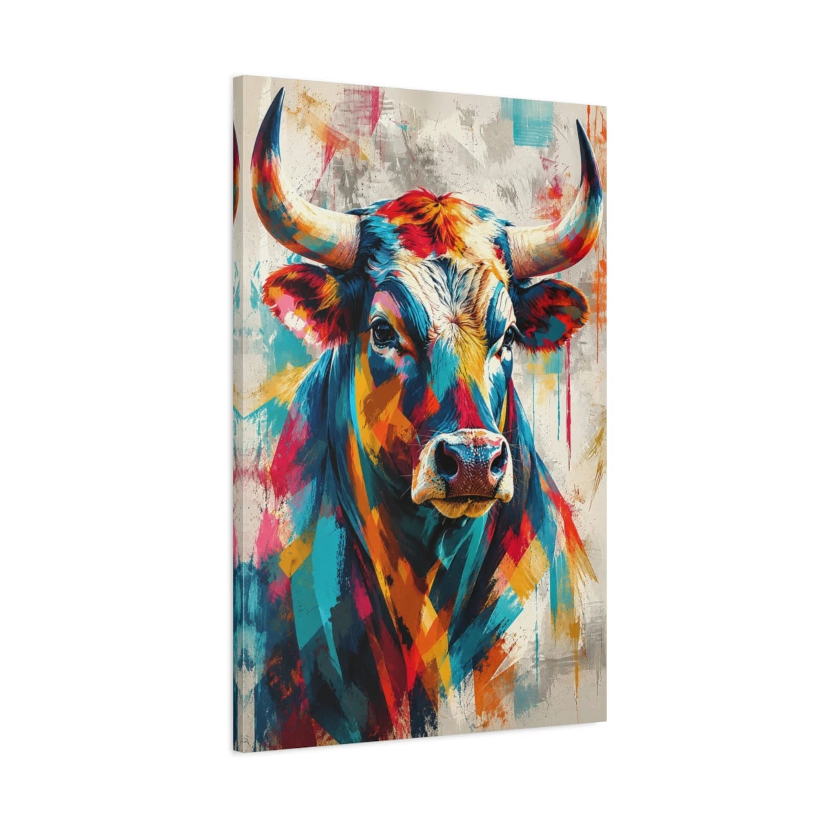 Tableau tête de taureau – Cornes multicolores - toile 3D avec bords imprimés - Art Virtuoso