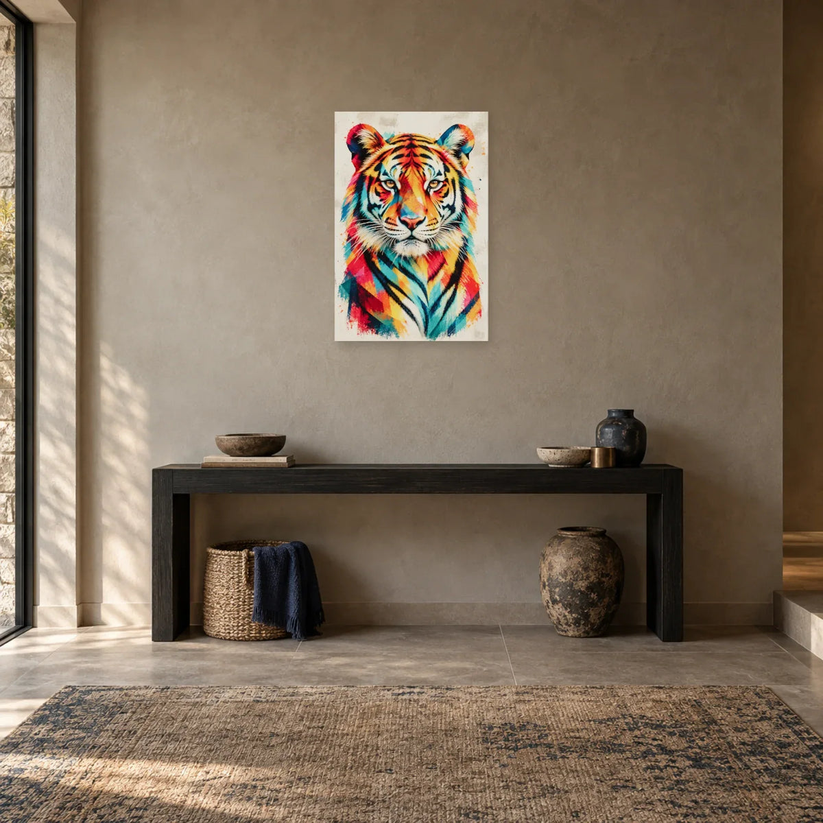 Tableau tête de tigre aux rayures multicolores dans une entrée ou un couloir - Art Virtuoso