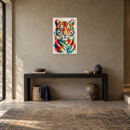 Tableau tête de tigre aux rayures multicolores dans une entrée ou un couloir - Art Virtuoso