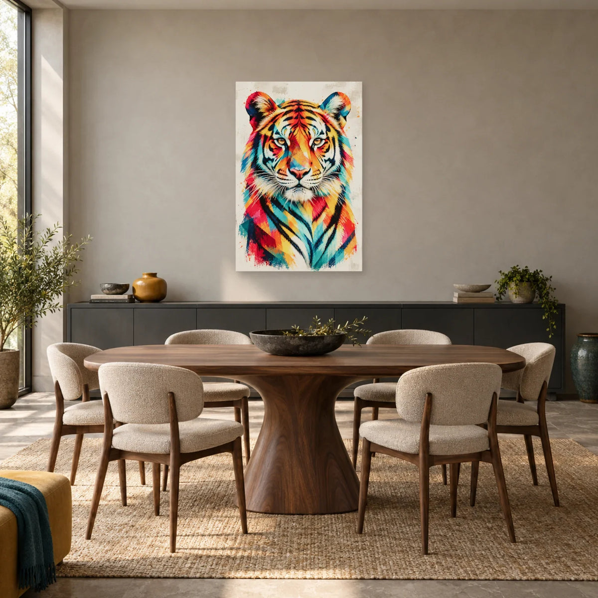 Tableau tête de tigre aux rayures multicolores dans une salle à manger - Art Virtuoso