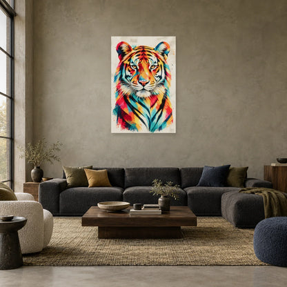 Tableau tête de tigre aux rayures multicolores dans un salon - Art Virtuoso