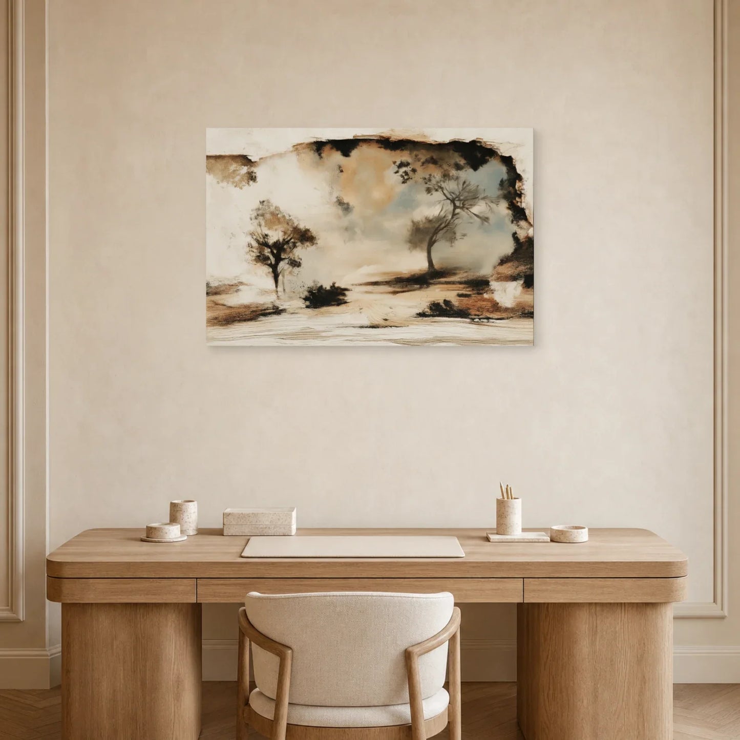 Tableau effet chaux et lin installé dans un bureau