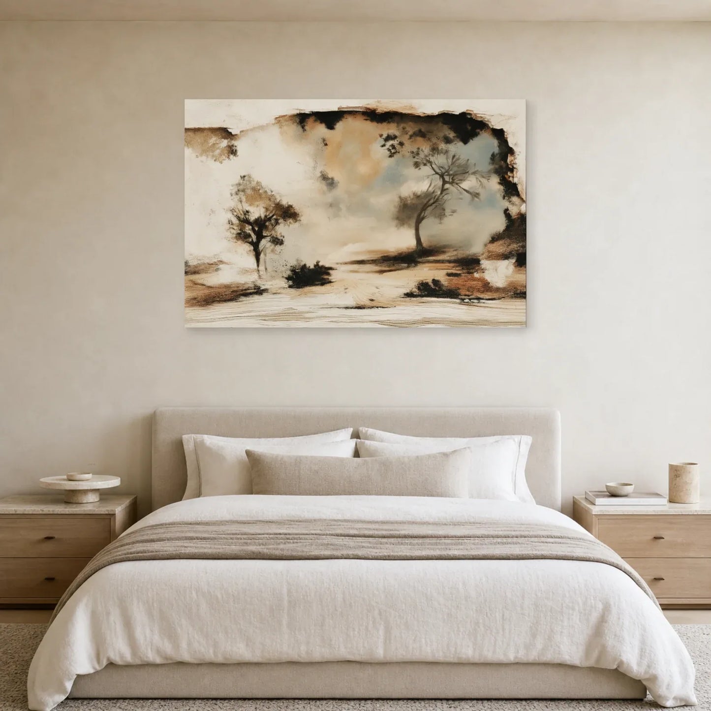 Paysage abstrait beige et bleu gris présenté dans une chambre