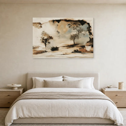 Paysage abstrait beige et bleu gris présenté dans une chambre