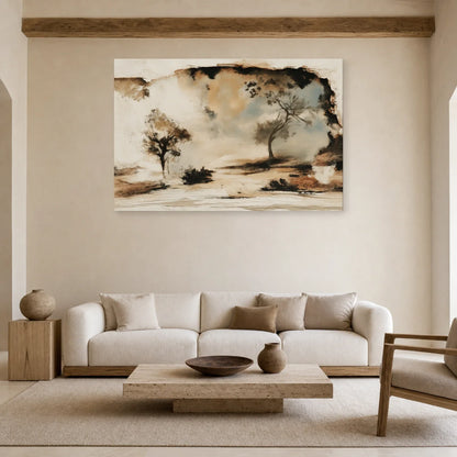 Fresque beige aux deux arbres présentée dans un salon