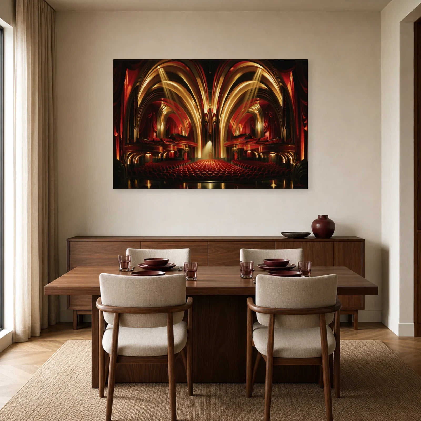 salle de théâtre rouge aux fauteuils alignés et balcons Art Déco, présenté dans une salle à manger chaleureuse