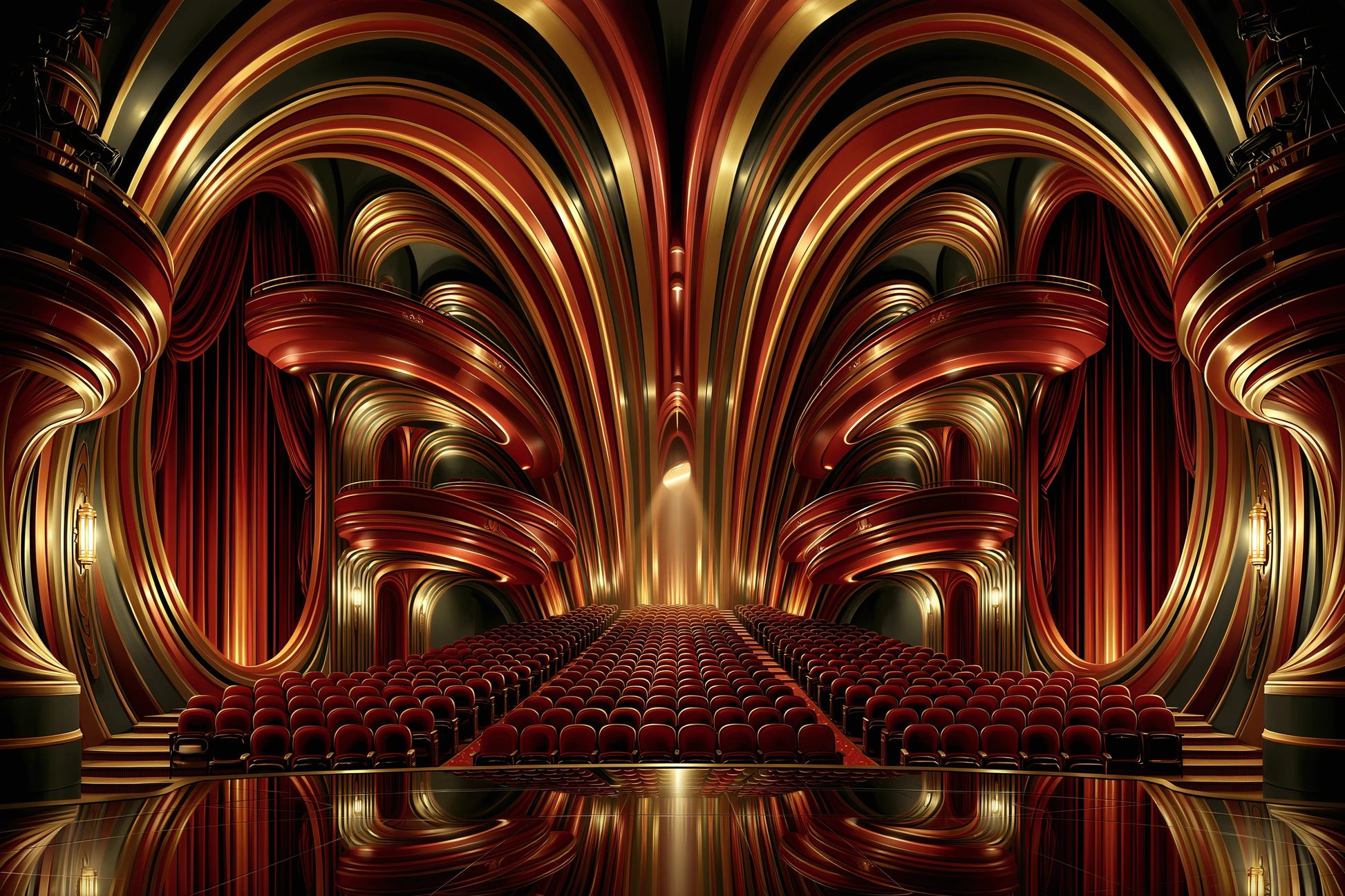 salle de théâtre rouge aux fauteuils alignés et balcons Art Déco, toile horizontale en taille S