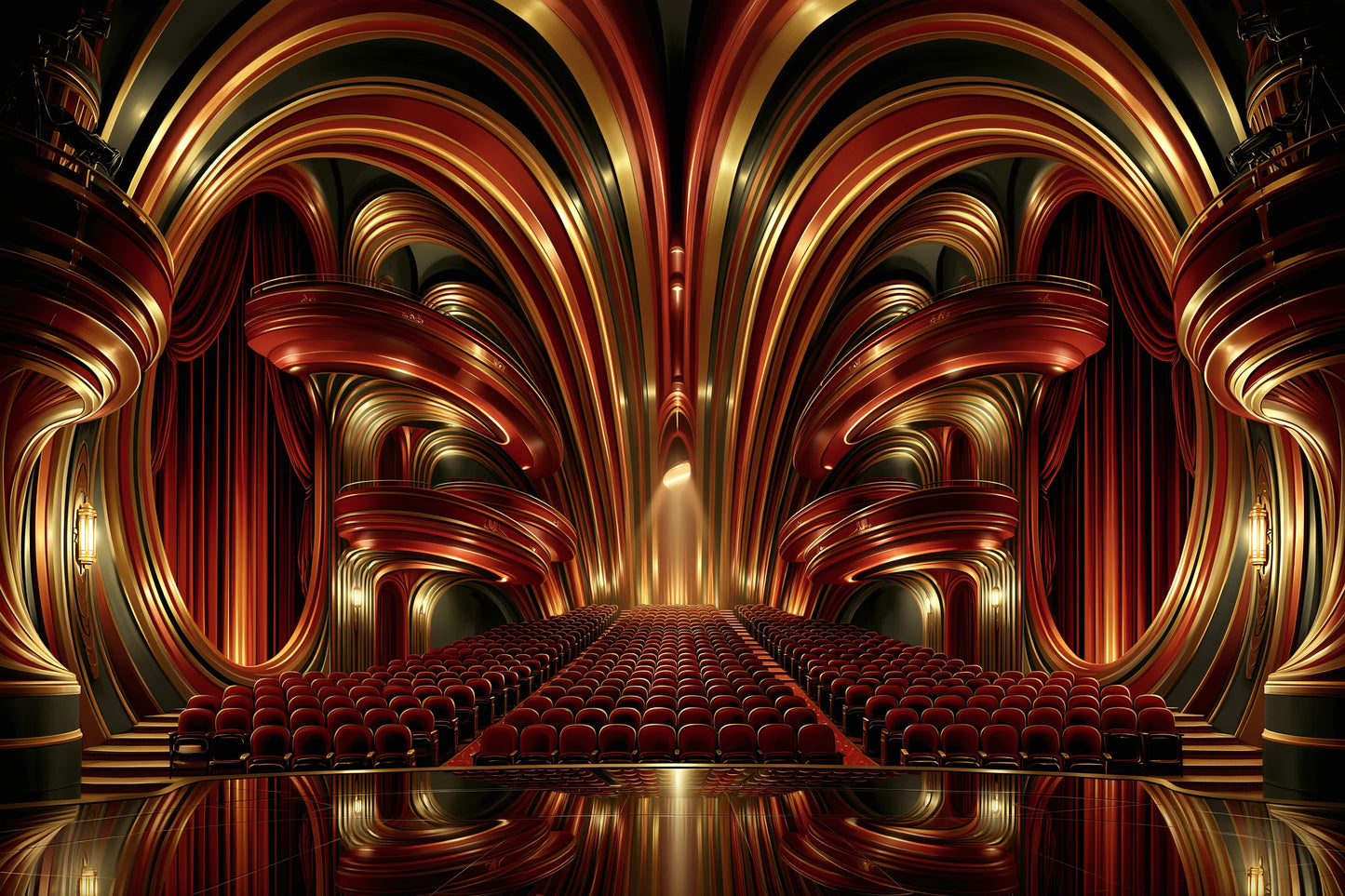 salle de théâtre rouge aux fauteuils alignés et balcons Art Déco, toile horizontale en taille XXL