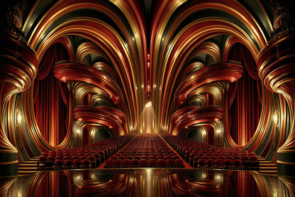 salle de théâtre rouge aux fauteuils alignés et balcons Art Déco, toile horizontale en taille XXL