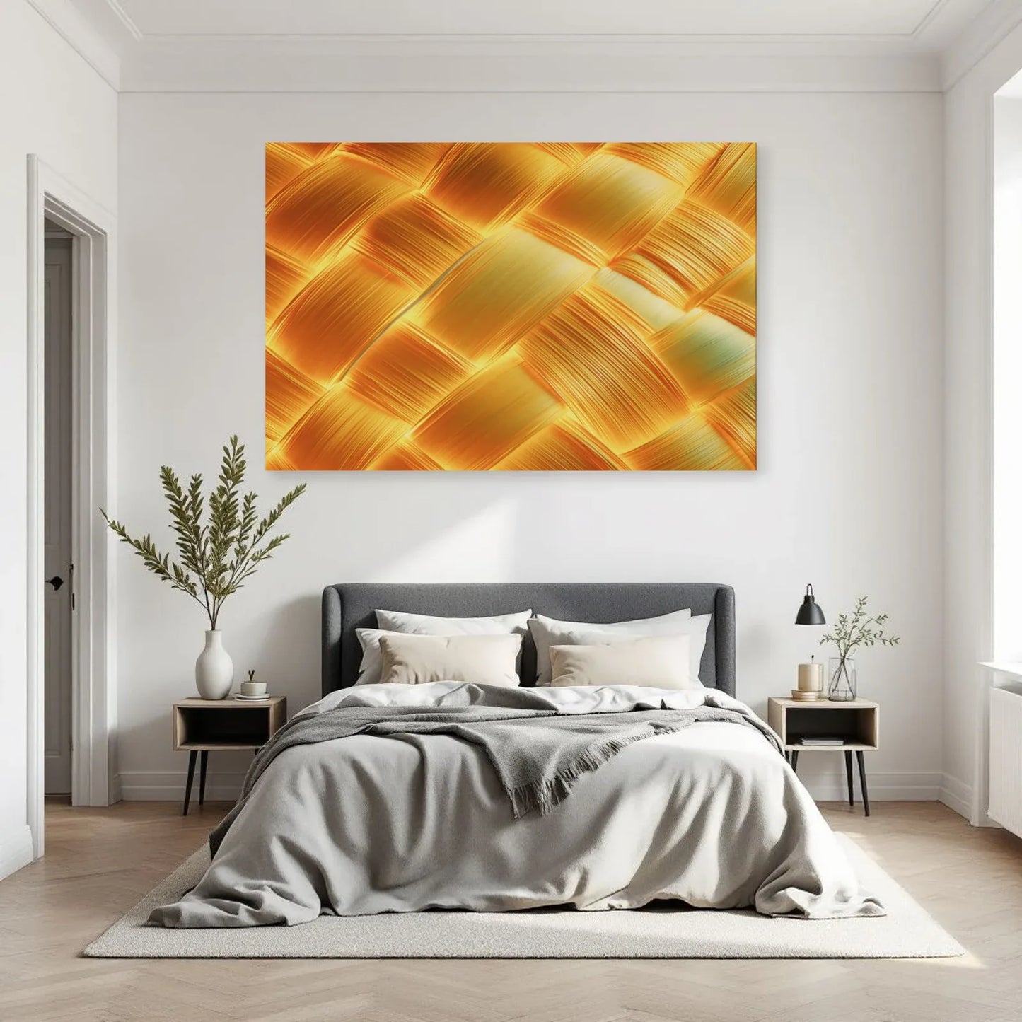 Tableau horizontal à rubans jaunes dans une chambre contemporaine Art Virtuoso