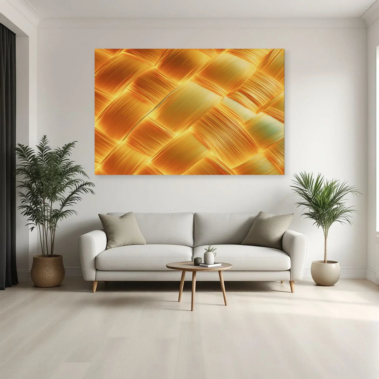 Tableau abstrait jaune safran au-dessus d'un canapé écru Art Virtuoso