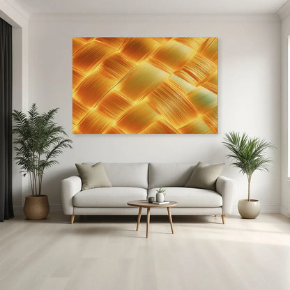 Tableau abstrait jaune safran au-dessus d'un canapé écru Art Virtuoso