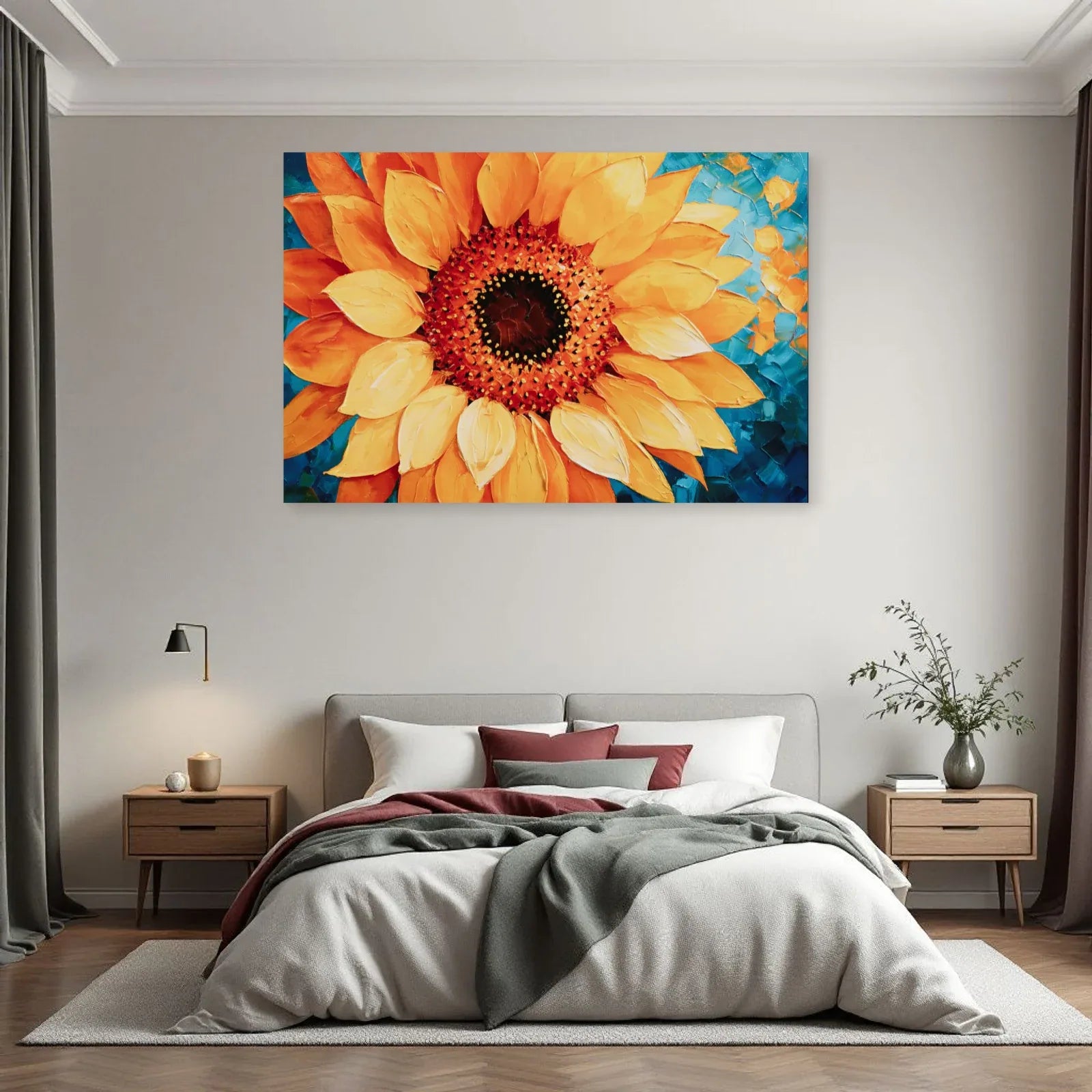 Toile horizontale de tournesol jaune exposée dans une chambre colorée par Art Virtuoso