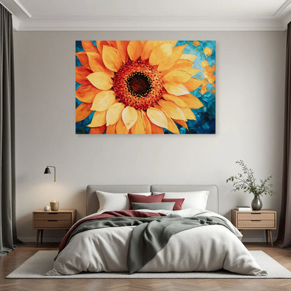 Toile horizontale de tournesol jaune exposée dans une chambre colorée par Art Virtuoso